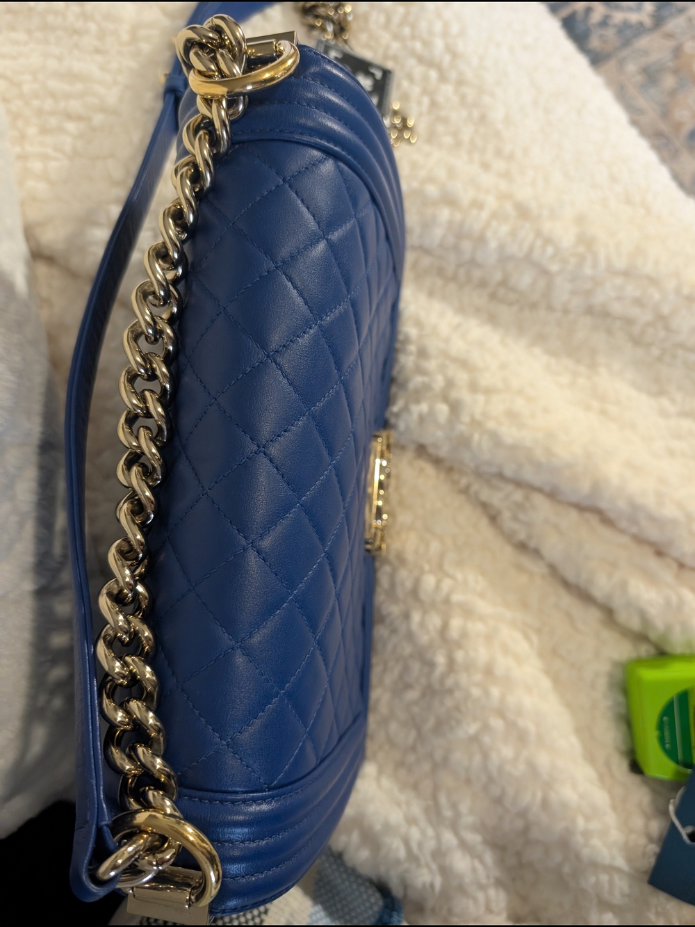 CHANEL Blue Quilted boy Shoulder Bag Gold Hardware Chain Strap CC - Picture 15 of 16